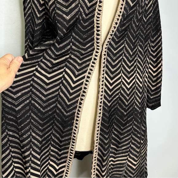 Misook Black Braided Trim Chevron Zig Zag Knit Long Cardigan Sweater Size L - Picture 6 of 12